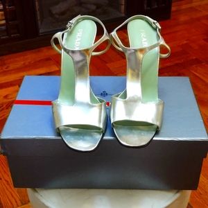 Authentic and Good condition Prada Metallic T strap heels